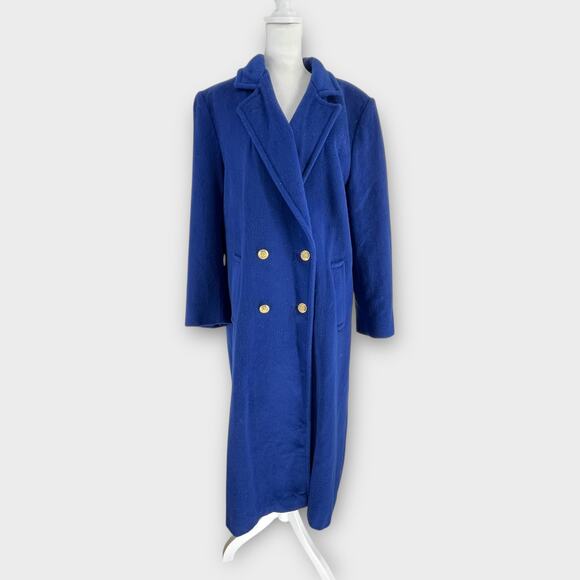 Vintage Jennifer Chase Royal Blue Long Wool Pea Trench Coat Pleated Back 14 - Picture 1 of 11